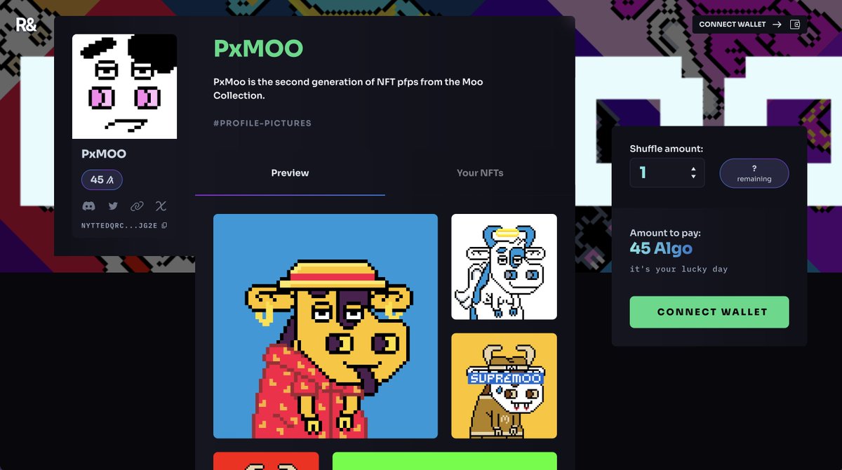 <a href="/AlgoHands/">algohands</a> <a href="/collection_moo/">MOO</a> <a href="/MaarsComics/">Maars</a> <a href="/HushAlgo/">Hu$h</a> <a href="/Belinda_algo/">Belinda Maas</a> PxMOO by <a href="/jeessmagalhaes/">JESS</a> from <a href="/collection_moo/">MOO</a>!

PxMOO is the second generation of NFTs from the Moo Collection.

drops.randgallery.com/drops/GZk3KDDa…

#RandDrops #Mooo
