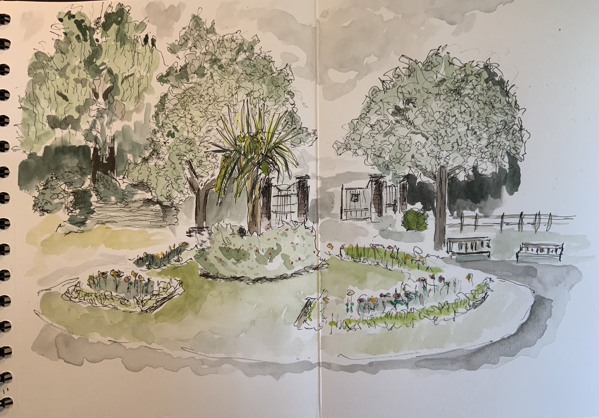 Three of us from art group went “en plein air” in #BlenheimGardens #Minehead this afternoon. We dodged the rain in the cafe for a bit #inkwatercolour