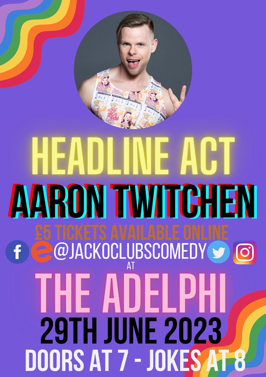 <a href="/AaronTwitchen/">Aaron Twitchen 🎉</a> is joining us at <a href="/AdelphiLeeds/">The Adelphi</a>!

It's going to be an amazing night of comedy.

Come, because if you don't it's homophobic.

29th June 2023

£5.00 tickets

7:30 start

eventbrite.co.uk/e/663290298137

#pride #leeds #leedspride