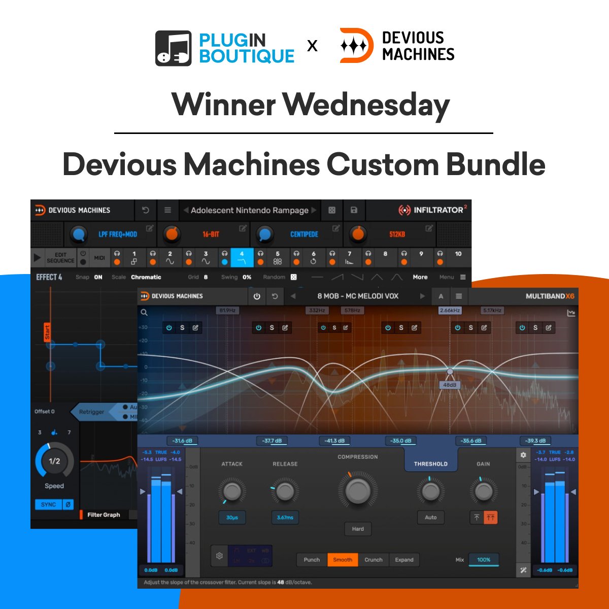 PluginBoutique's tweet image. To celebrate the launch of &apos;Multiband X6&apos; we have partnered up with @deviousmachines to giveaway a copy of Multiband X6 &amp;amp; Infiltrator 2.😱 🎉

To enter, simply follow us - 
@PluginBoutique 
 
 &amp;amp; retweet this tweet!
​
​The winners will be announced next Wednesday.