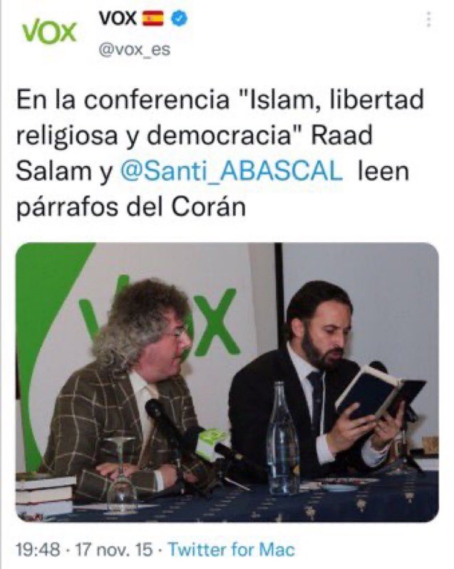 Cuando un grupo radical de Iran aun financiaba a V0X, Abascal recitaba parrafos del Corán. Cuando le retiraron las paguitas, Santi se volvio islamofobo. Nunca olvideis que estamos ante el mayor vendehumos de la historia de España.