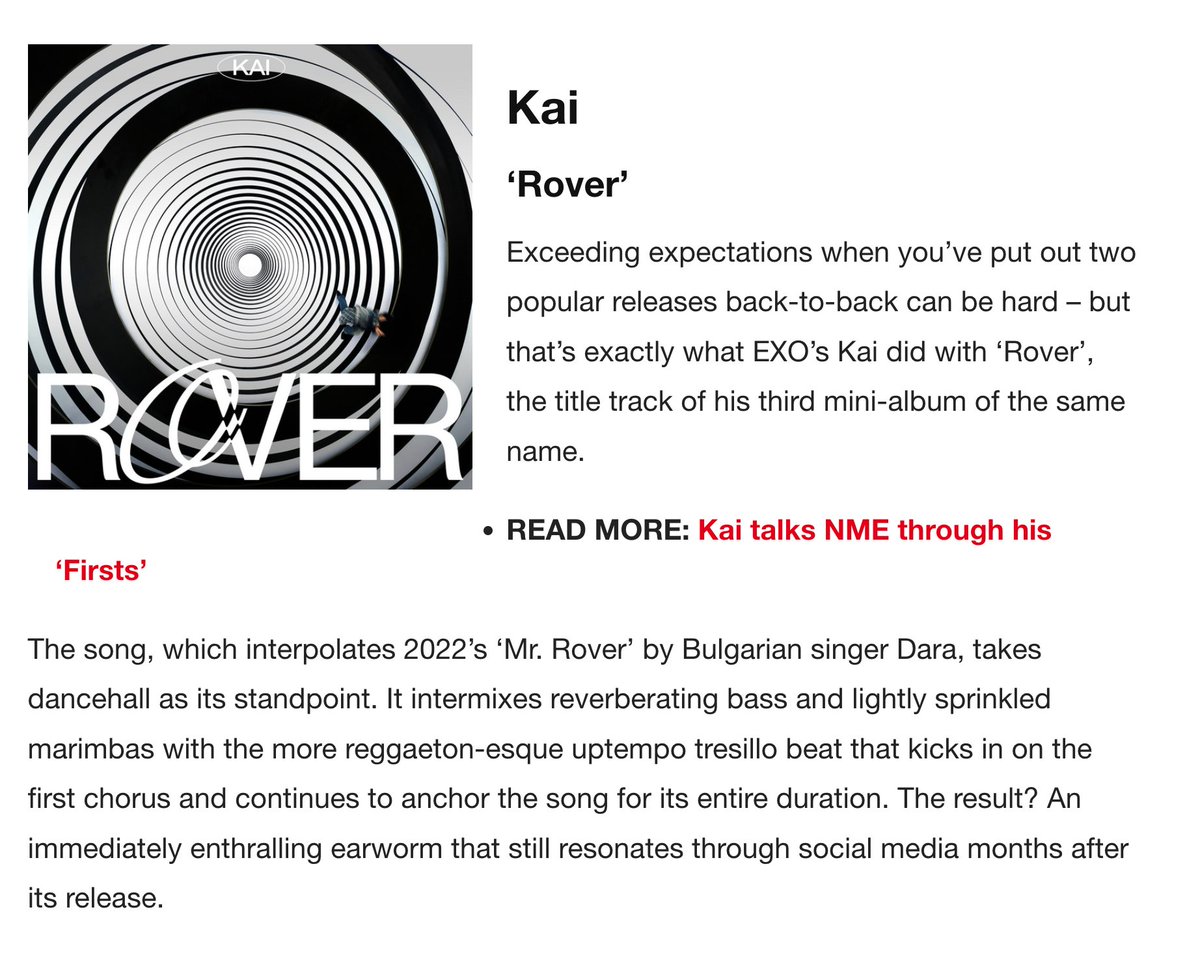 KAI's 'Rover' has been named as one of this year's Best K-Pop Songs by NME.
