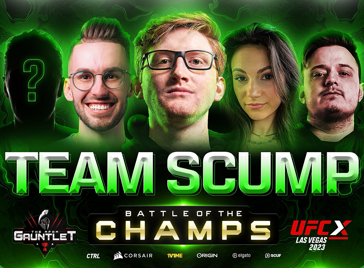 scump's tweet photo. LET’S GOOO! My official squad for the $100,000 MFAM Gauntlet at #UFCX 🔥

We got one more spot for you to join my team on the Main Stage against Team NICKMERCS! Grab a ticket to UFC X and I’ll see ya in Vegas 😎 #UFCxMFAM2

🎟: https://t.co/pPo5VBgIiE