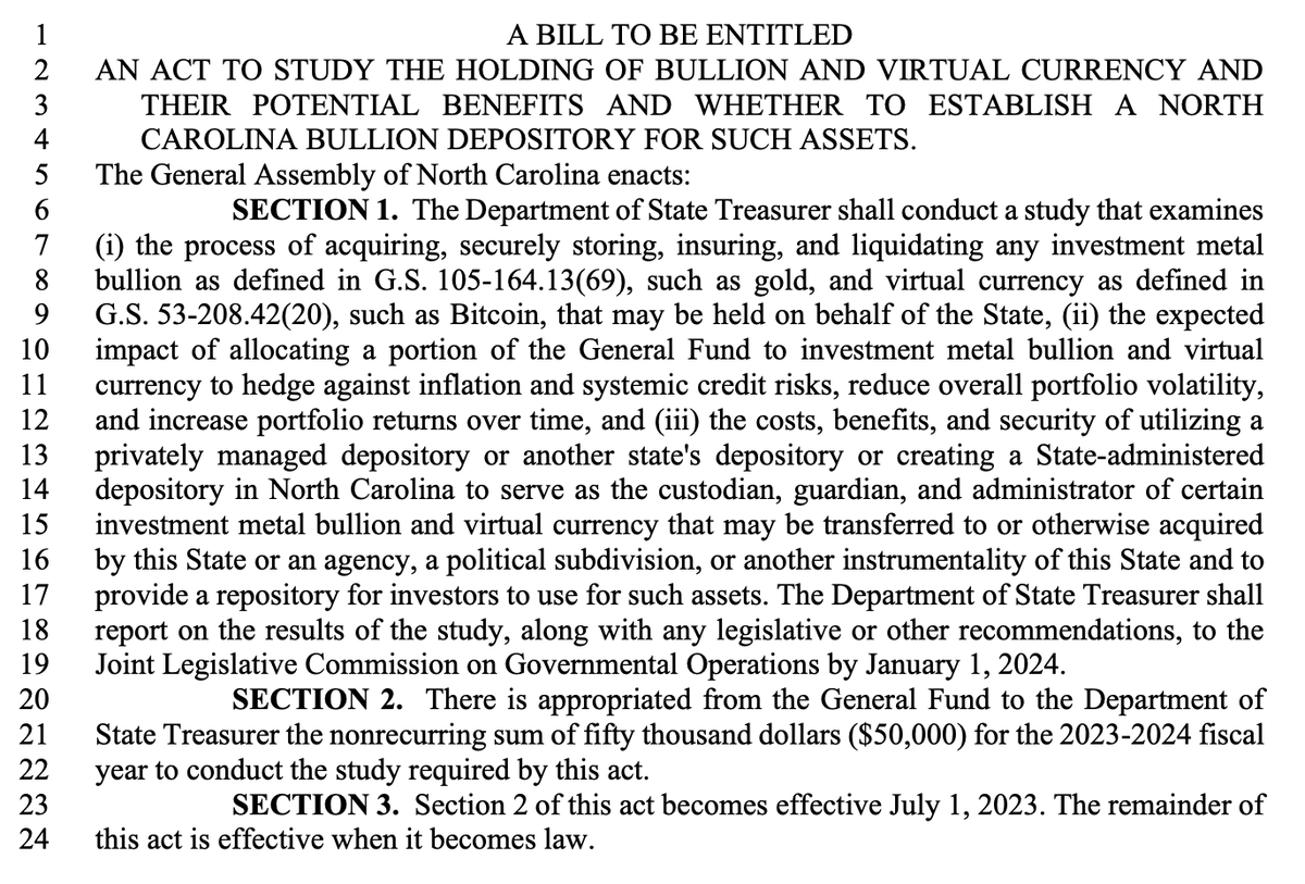 TODAY - 🇺🇸 North Carolina House to vote on bill directing treasury to study the process of buying and holding #Bitcoin 'to hedge against inflation.'