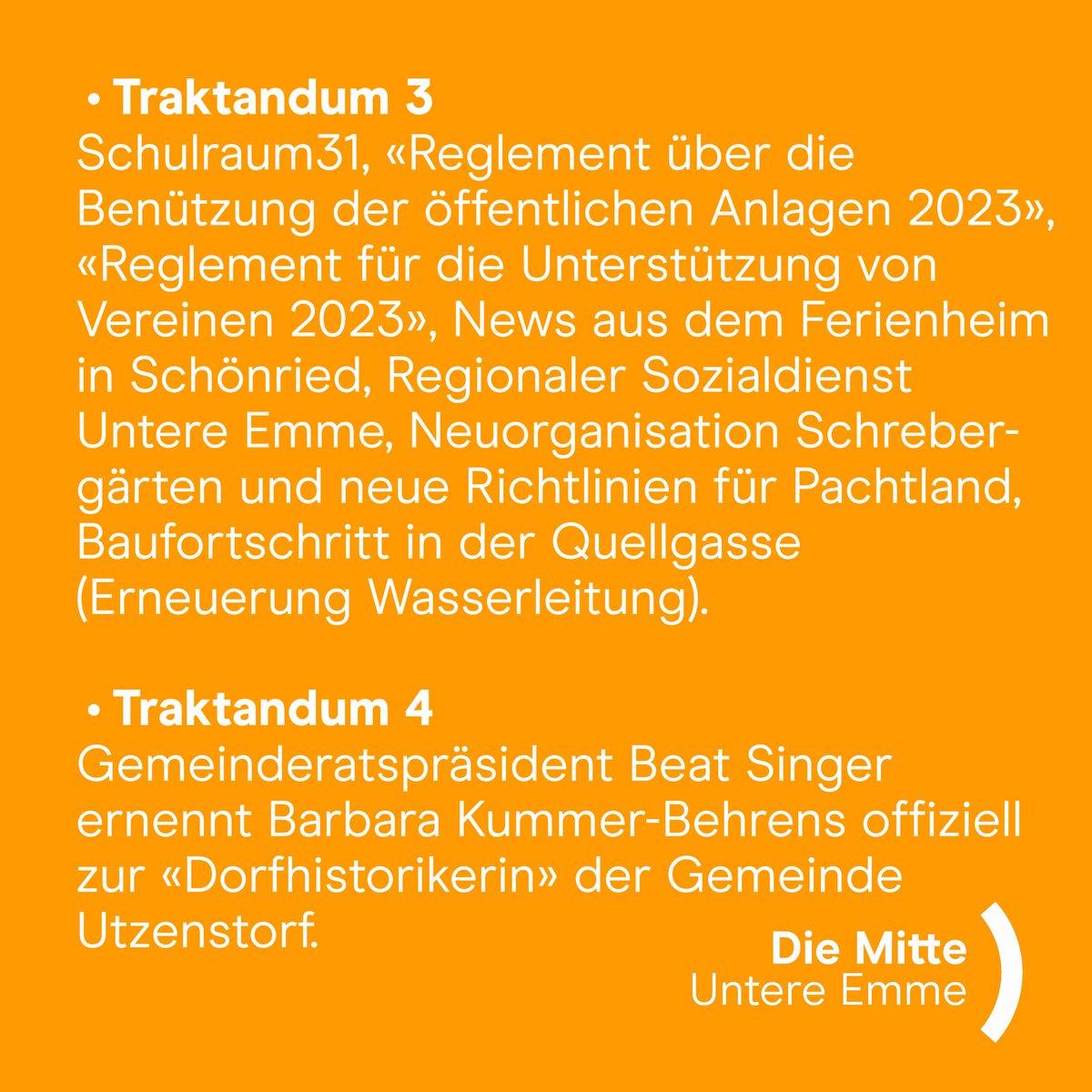 Letzten Mittwoch war #Gemeindeversammlung in #Utzenstorf. Zu Reden gab neben der Gemeinderechnung 2022 auch die Abrechnungen von 5 Verpflichtungskrediten, Infos aus dem Gemeinderat und der Ehrung und Ernennung zur Dorfhistorikerin von Barbara Kummer. #DieMitte #UntereEmme