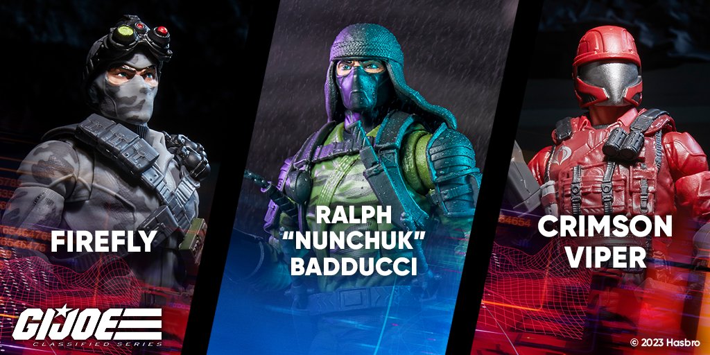 HasbroPulse's tweet photo. Revealed earlier today to celebrate the final week of #YoJoeJune, check out the #GIJoe #ClassifiedSeries #Firefly, #Nunchuk, and #CrimsonViper! These figures are packed to the hilt with character-inspired accessories! Pre-order now on #HasbroPulse. Each sold separately. https://t.co/M6aHgATVXr