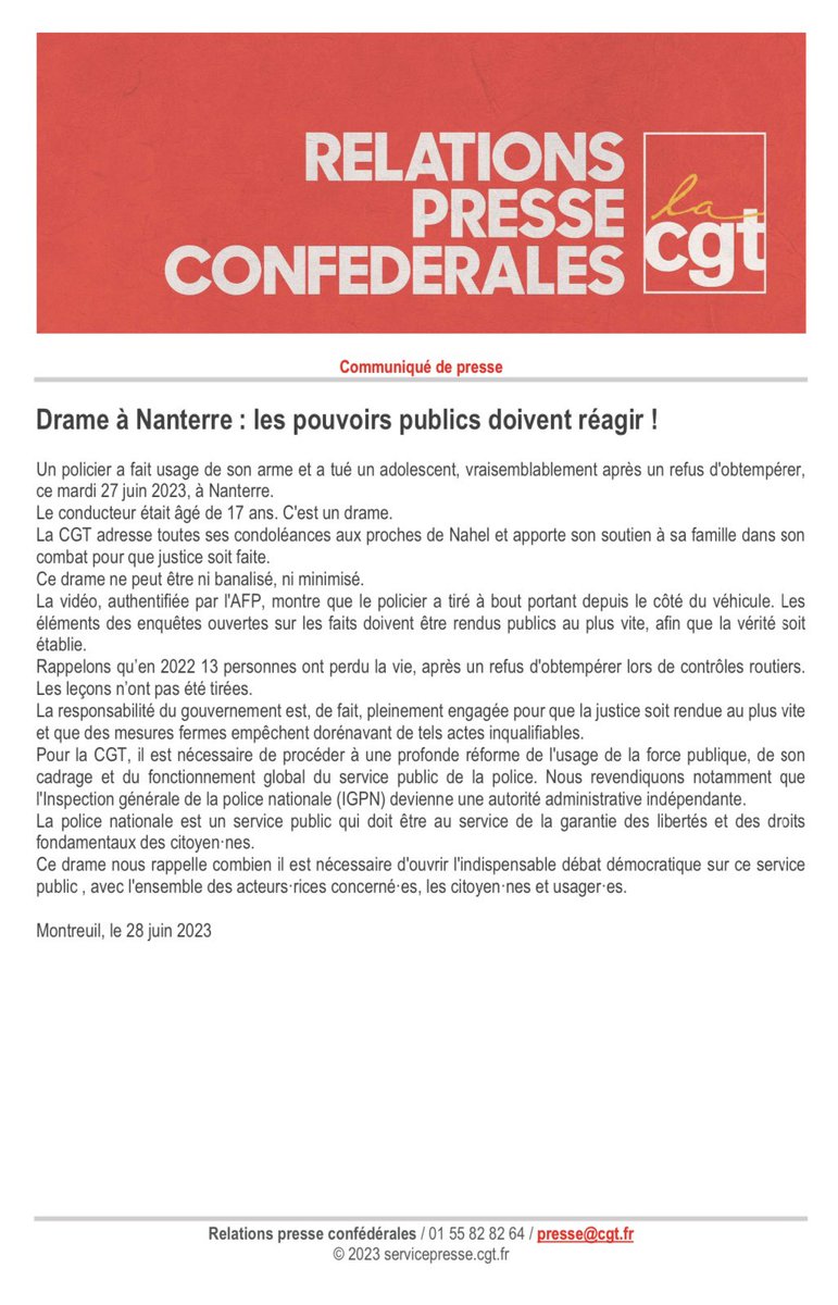 lacgtcommunique's tweet photo. La CGT adresse toutes ses condoléances aux proches de Nahel et apporte son soutien à sa famille dans son combat pour que justice soit faite.

Communiqué de presse ⤵️ https://t.co/aDAbND8jZm