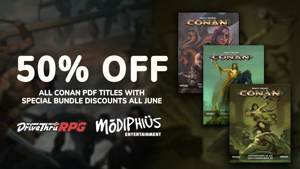 DriveThruRPG's tweet image. Crom! @Modiphius is having a MASSIVE final sale on their Conan titles for the whole month! ⚔️ 50% off ALL their Conan PDF titles and a Special Bundle Discount (Over 90%!)! Get 'em before the end of the month!

PDFs: bit.ly/ConanPDFs
Bundle: bit.ly/ConanBundle