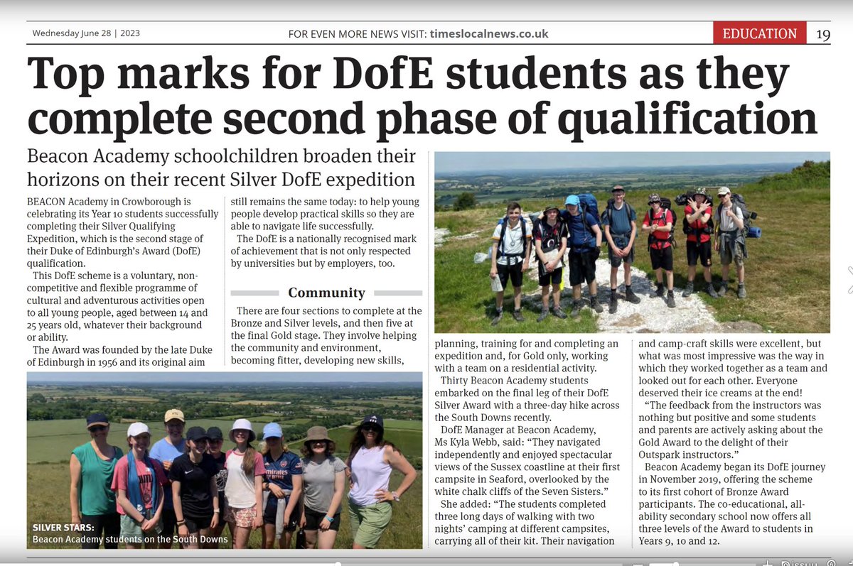 Wonderful to see our DofE students featured in this week's <a href="/timeslocalnews/">Times Local News</a>!

#MakeYourMARK #DofE #DofESilver #Sussex