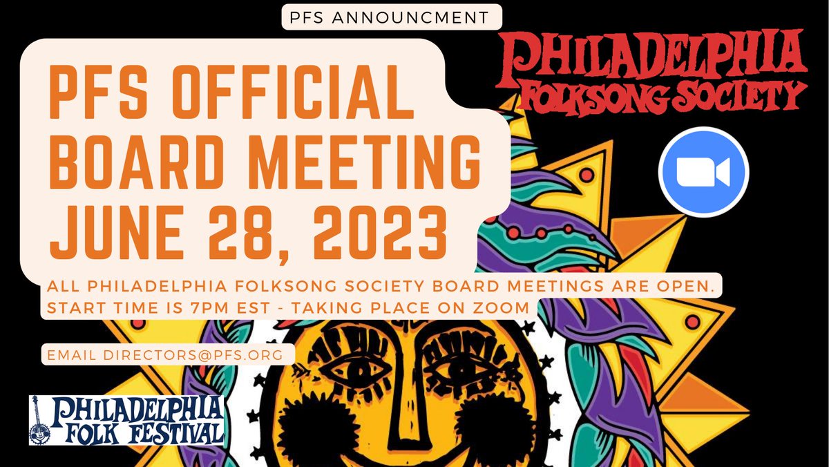 TONIGHT, @folksongsociety monthly open board meeting. All are welcome to join us via this 🔗 on Zoom us02web.zoom.us/j/87625107041?… Meeting ID: 876 2510 7041 Passcode: pfs2023 The meeting will also be streaming live on youtube and facebook. Hope to see you there!