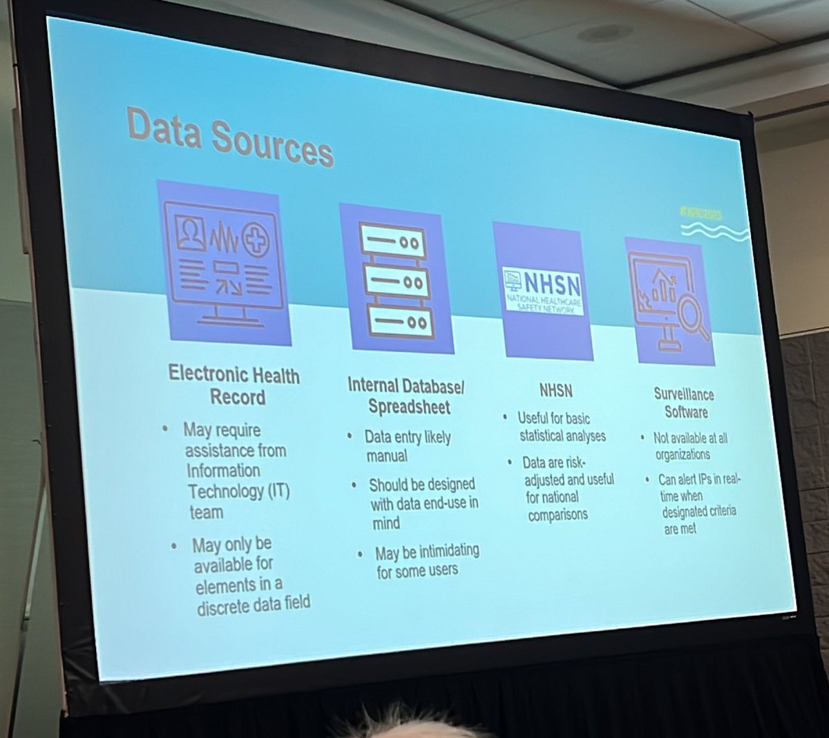 We have access to really good data, but may need creativity to translate data ⏭️ action. Examples are our EMRs, building internal databases (Google or MS Forms), NHSN &amp; surv software. <a href="/Ascension/">Marcus Phung</a>’s Holly Taylor &amp; Megan Olshavsky help build #informatics competency. #APIC2023