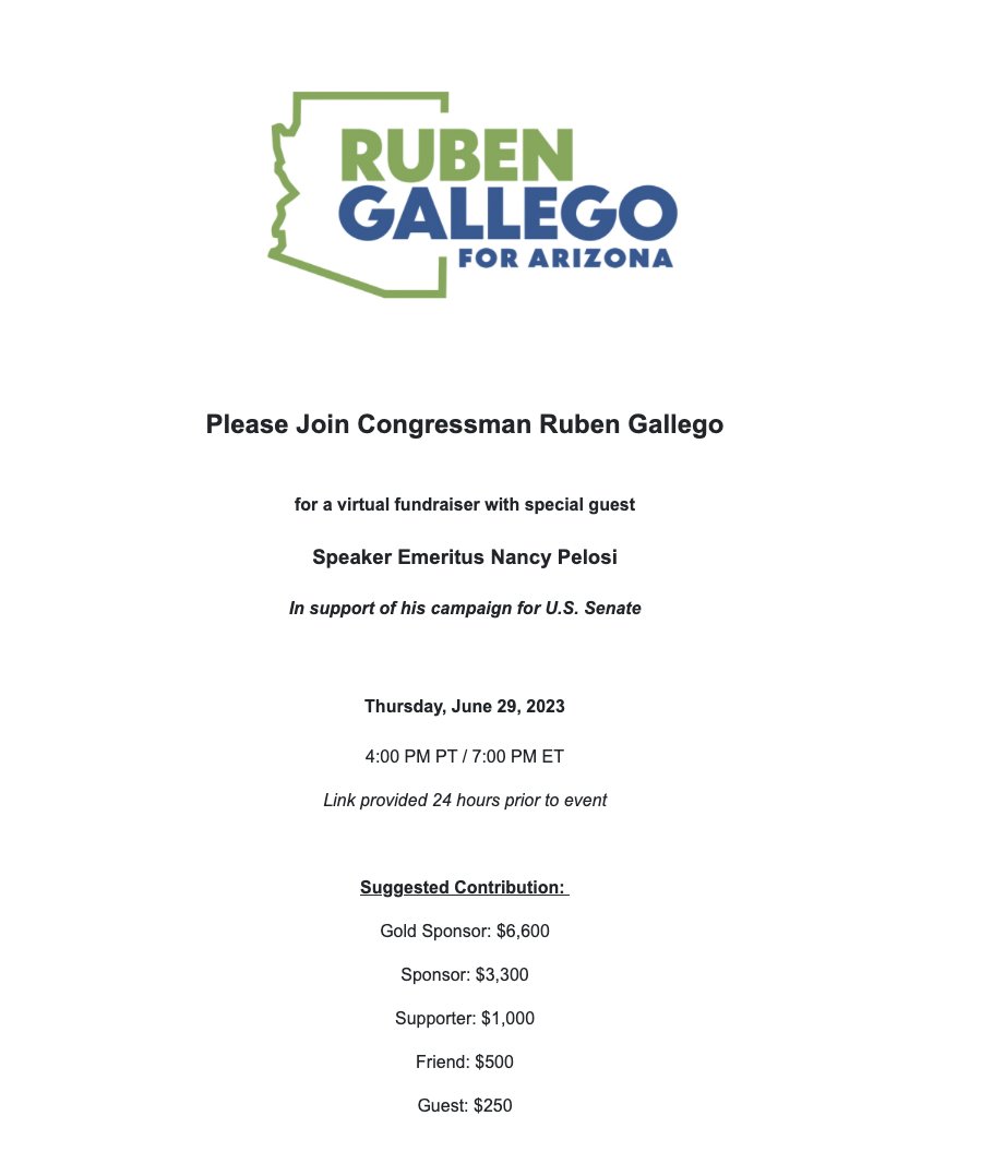 NANCY PELOSI headlining a fundraiser for RUBEN GALLEGO, a pretty clear statement on where her allegiance is in the #AZSEN race.