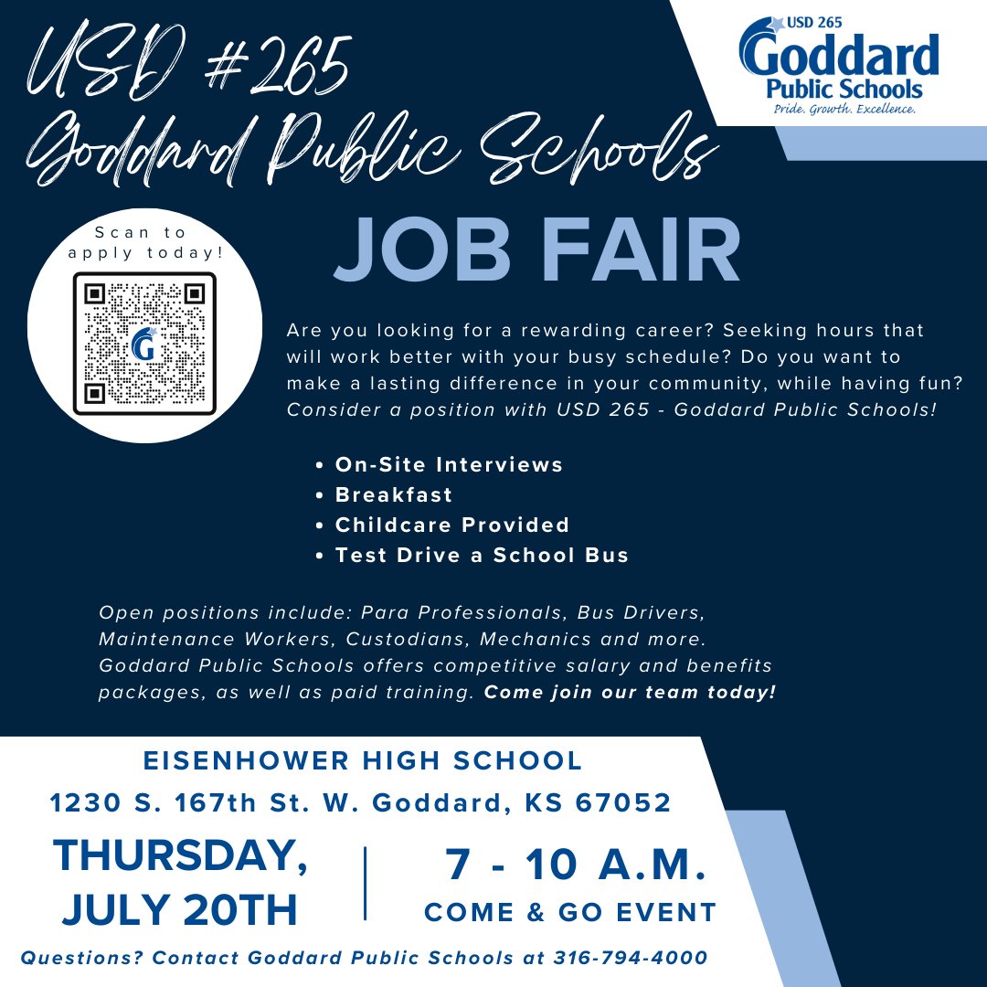 Come check out the USD #265 Job Fair on Thursday, July 20th, at Eisenhower High School to learn more about the amazing career opportunities here at Goddard Public Schools. We can't wait to see you there!