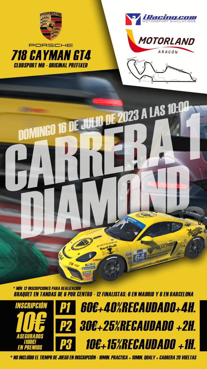 ¡Primera Carrera Diamond, inscripciones abiertas! 🏎️

¿Eres el mas veloz? Ven demuéstralo 🏁

#Simufy #DiamondeSportsCenter #Porsche #motorland #iRacing