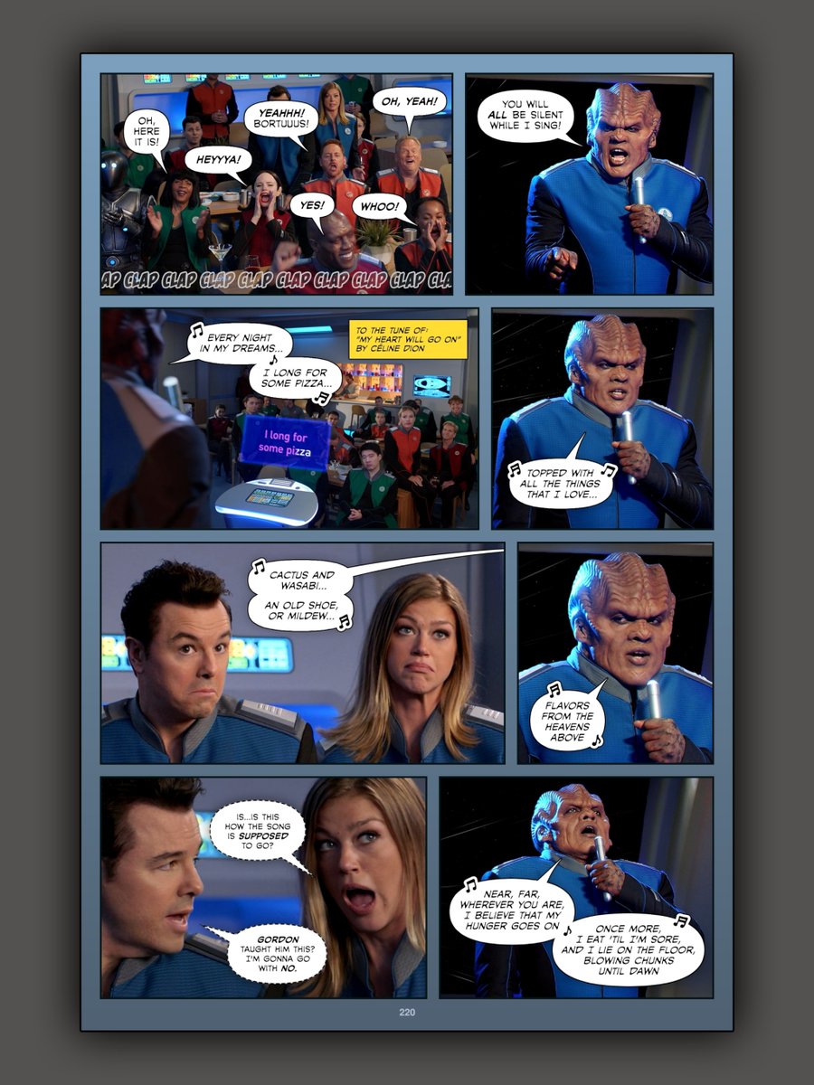 Page 220 of #TheOrvilleInked. Bortus begins to sing Céline Dion's 'My Heart Will Go On'—as taught to him by Gordon—but there are questions about the lyrics.

Read more:  fibblesnork.com/TheOrville/Ink…

#TheOrville #PeterMacon @SethMacFarlane @AdriannePalicki