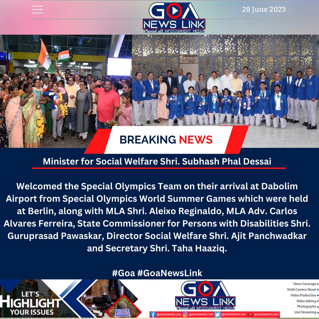 Minister for Social Welfare Shri. @SubhashGoa welcomed the Special Olympics Team on their arrival at Dabolim Airport from Special Olympics World Summer Games
#SpecialOlympicsWorldGamesBerlin2023 #SpecialOlympicsWorldGames2023 #berlin #socialwelfare #goa #goanewslink