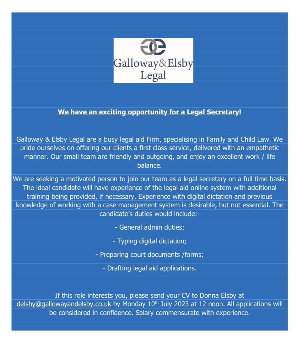 📣 JOB ALERT 📣

We have an exciting opportunity for a Legal Secretary to join our friendly team!