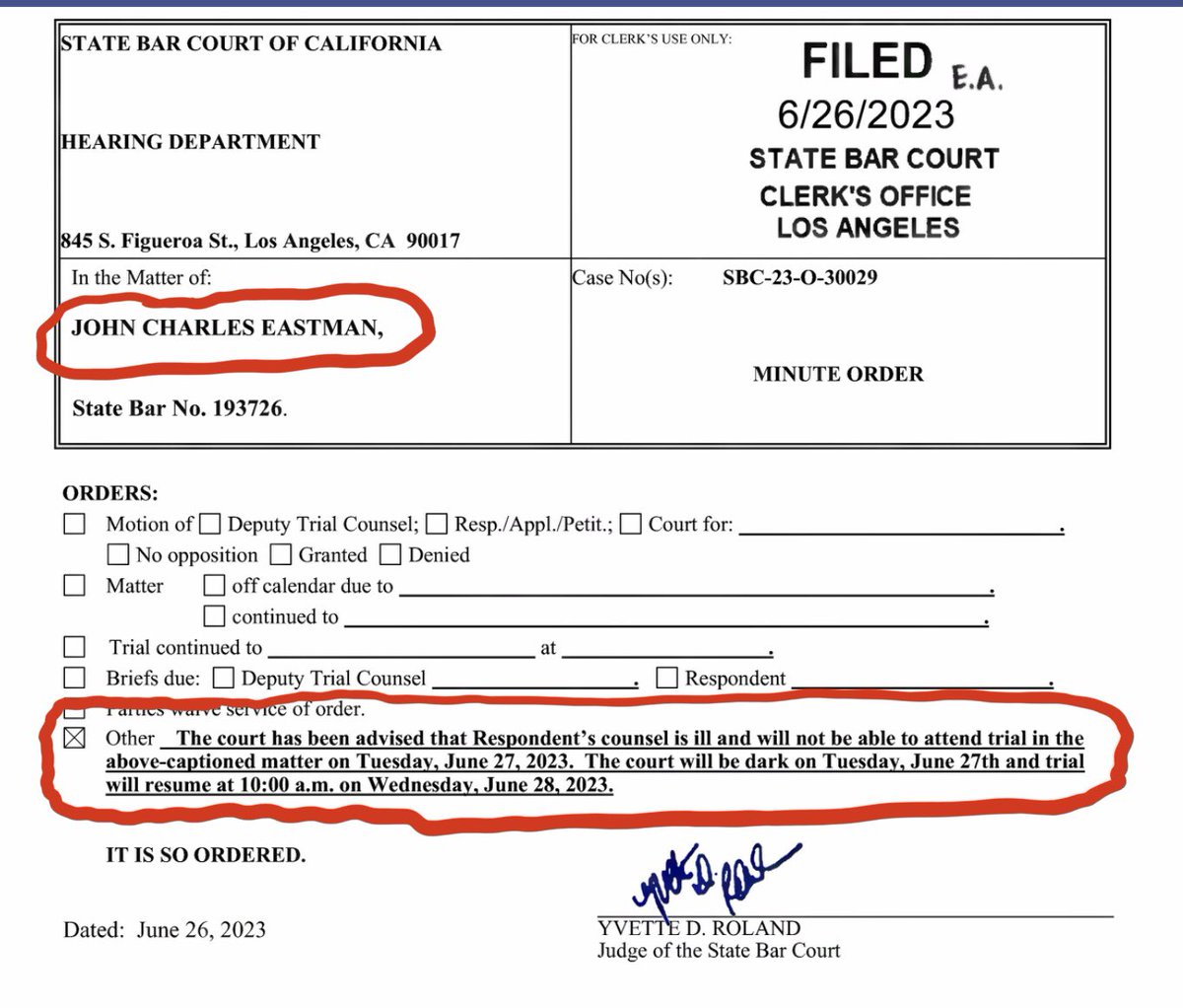 StephenJamesUS's tweet photo. John Eastman has left the building. Eastman’s disbarment trial at the California State Bar Court in LA has now been delayed for a second consecutive day, hearings cancelled. Maybe #lawtwitter can explain. #attorneymisconduct #statebar #Jan6thInsurrection #WTF https://t.co/DwtFcbhB0R