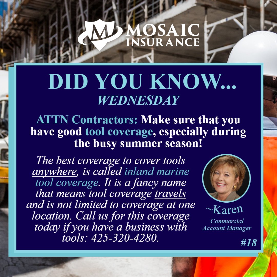Happy National Insurance Awareness Day! Do you work with tools at different job sites? Two common questions that we get from our clients are: “Are the tools covered for theft?” & “Are they covered on the job?” 
#MosaicIA #TeamMosaic #construction #constructionzone #warehouse