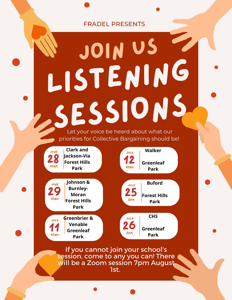 CvilleVEA's tweet photo. CCS staff! Join us at one of these sessions this summer so we can hear from you about your bargaining priorities. If you can’t make your school’s session, come to any of them or the zoom meeting in August.

Tomorrow is 10am at Forest Hills for Johnson and Burnley Moran staff! https://t.co/79ZYQ1GvQ3