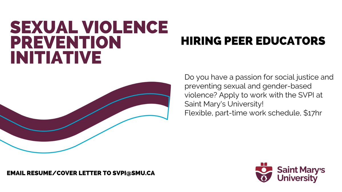 The SVPI are hiring! Are you interested in the Peer Educator student position at the Sexual Violence Support Centre? Reach out to svpi@smu.ca with any questions, or to share your resume/cover letter!