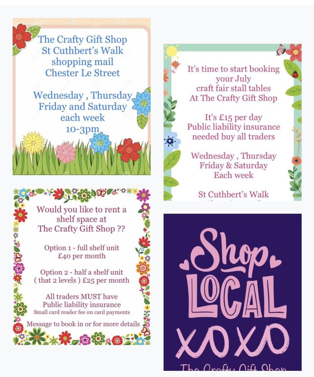 Rent a stall table 
Rent a shelf unit 
Join our team of local traders to sell what you make 

Shop with us 
Support your town 
Support your local small independent businesses 

The Crafty Gift Shop
St Cuthbert's Walk shopping mail 
Shop Chester-le-Street 

#ShopLocal