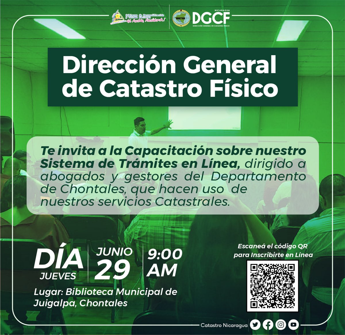 #Nicaragua | Con el objetivo de acercar los servicios catastrales a la población, desarrollaremos la capacitación sobre nuestro Sistema Trámites en Línea, dirigido a gestores y abogados del departamento de Chontales. Click aquí para inscribirte en línea: acortar.link/0WSdBk