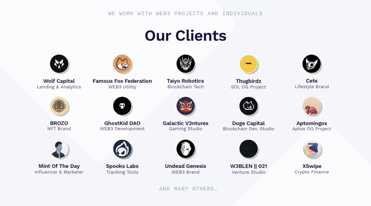 - They are a legit business &amp; already generated over 300K USD in revenue in the last 6 months

- Their clients are some of the biggest projects on Solana (see for yourself)

- The NFTs can always be redeemed through their services at mint price value

2/3