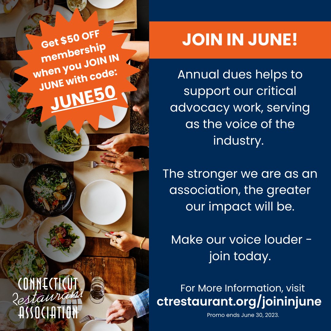ctrestaurant's tweet image. Only 3 days left to take advantage of our June promotion for new members!
Take $50 off membership when you Join in June and use the code JUNE50 at checkout.
Together, we are stronger. Find out more at: ctrestaurant.org/joininjune #JoininJune #CTRestaurants
Offer ends 11:59pm June 30.