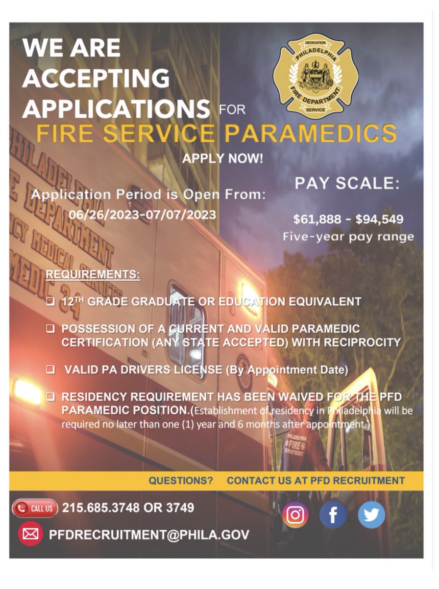 The Philadelphia Fire Department is now accepting applications for the Entry-Level Firefighter and Paramedic. The applications are now open. Take On the PFD! <a href="/PhillyFireDept/">Philadelphia Fire</a> <a href="/ThielAdam/">Adam K. Thiel</a> <a href="/PFDRecruit/">PhillyFireRecruit</a> <a href="/pfdexplorer1873/">Philadelphia Fire Explorers Post 1873</a> <a href="/PhilaOEM/">Philadelphia OEM</a> <a href="/PhiladelphiaGov/">City of Philadelphia</a>