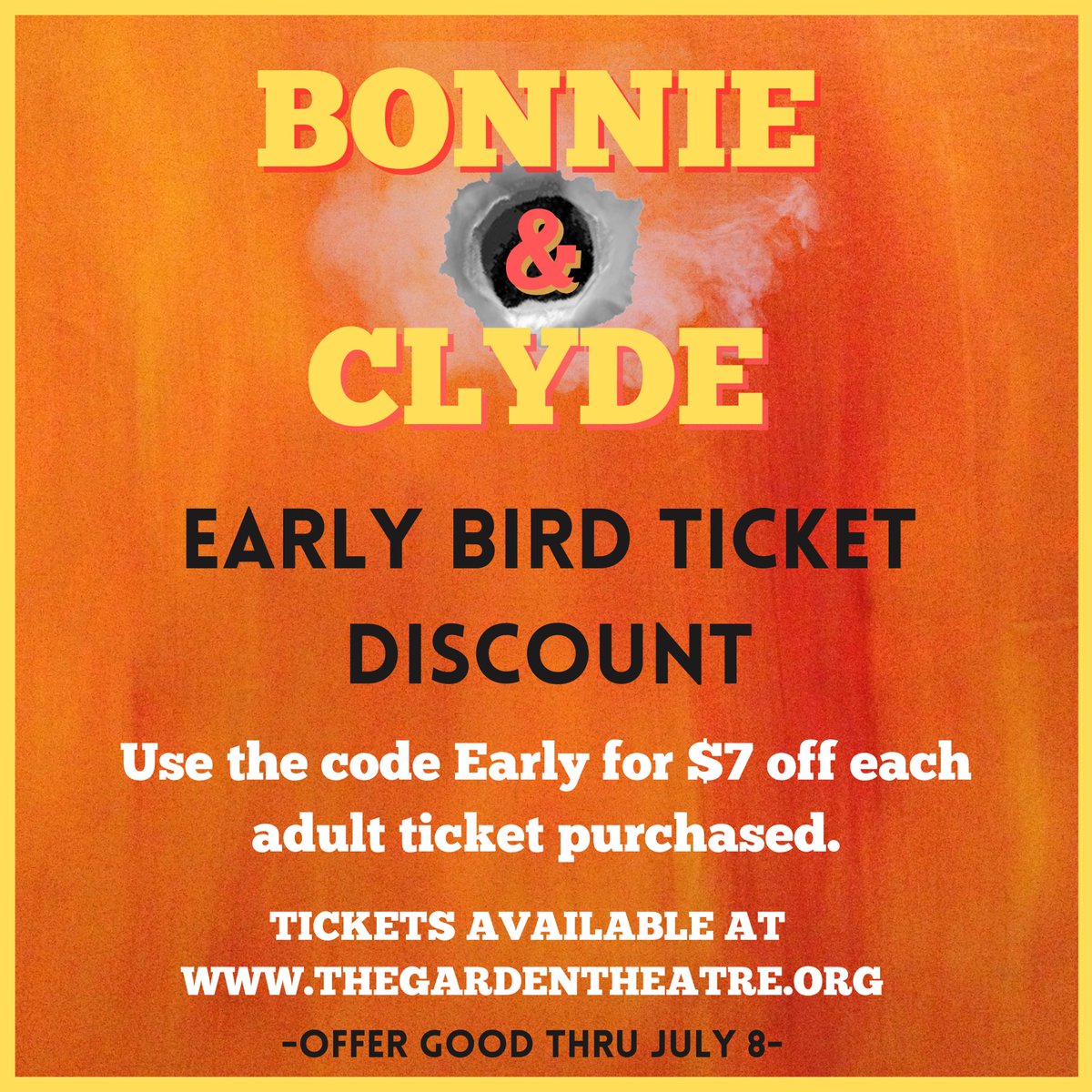 Get your Bonnie & Clyde tickets before the rush, and get $7 off each adult ticket purchased when you use the code Early! Act fast to secure your seats today. Offer good thru July 8 only. Tickets at thegardentheatre.org/bonnie-clyde. #TheGardenTheatre #TGTHou #BonnieAndClyde #HouArts