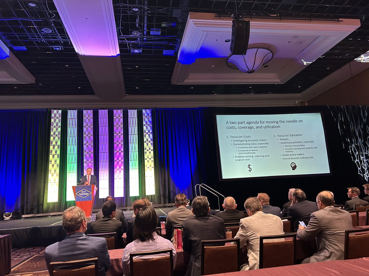 DrCLovato's tweet photo. Annual Mason Lecture #ASMBS2023 

@davearterburn 

How do we move the needle on the treatment metabolic disease? 

It takes time to see the benefit of surgical care.

BUT these costs savings are significant, especially in patients with Type II Diabetes!

@ASMBS https://t.co/yIEVgW4WjA
