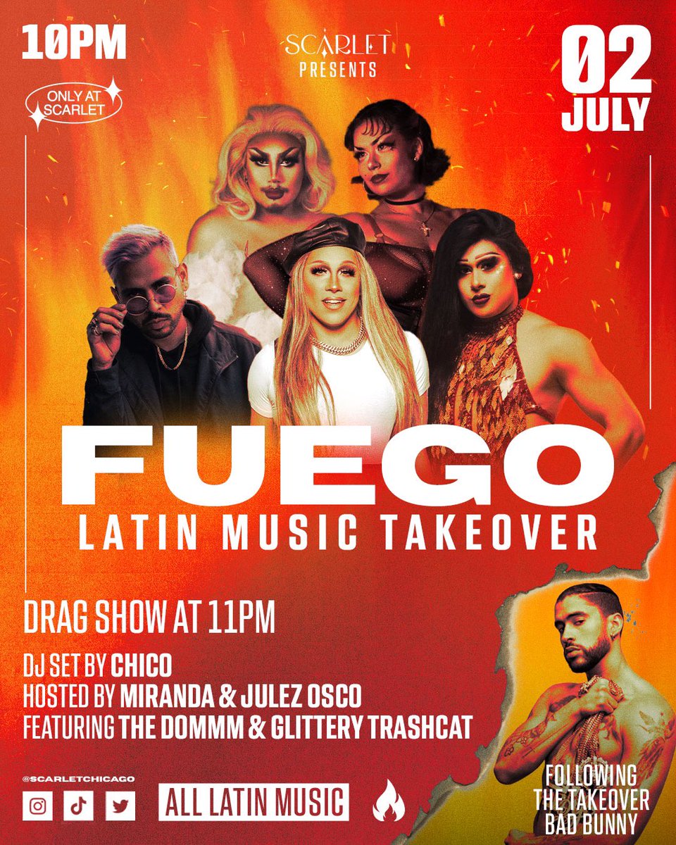 Sun Night 7/2 ~ From 7:30-10pm it’s the BAD BUNNY Takeover! Followed by FUEGO, our Latin music night with DJ @_CHlCO 10pm-close! Hosted by @justmirandachi & @julezosco with The Dommm & Glittery Trashcat! 🔥