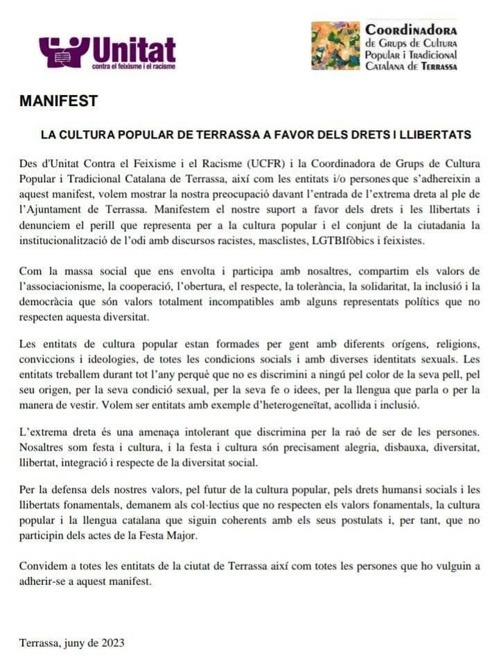 CDR_Trs's tweet photo. Com a #CdrTerrassa ens adherim al manifest de la @UCFRTerrassa en favor dels drets i les llibertats. #MaiMésEnllocContraNingú #SempreAntifeixistes https://t.co/609E5as5AK