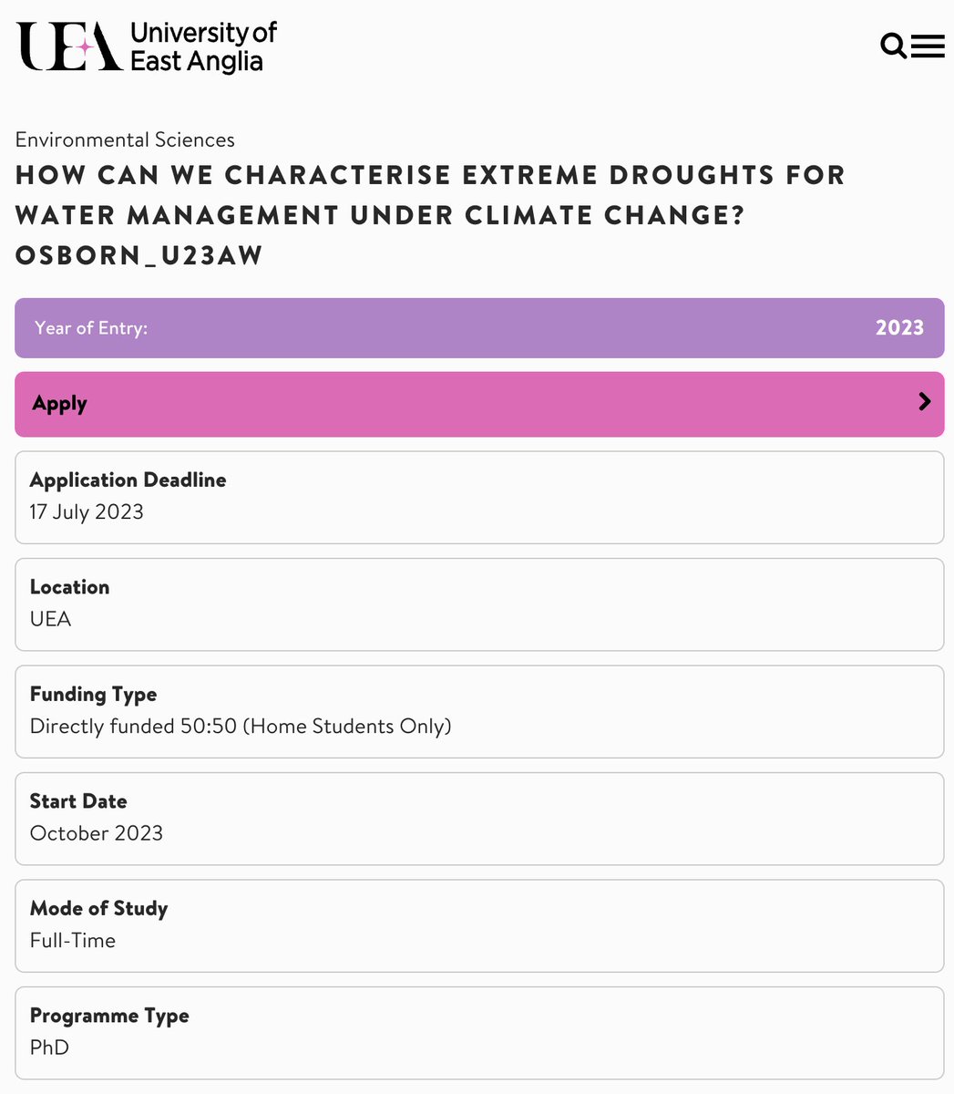 Tim Osborn (@timosbornclim) on Twitter photo Funded 3.5-year PhD position to start this October on extreme drought, water management & climate change.
Based at UEA, Norwich in the Climatic Research Unit. Co-funded by Anglian Water <a href="/uniofeastanglia/">UEA</a> <a href="/ClimateUEA_/">ClimateUEA</a> <a href="/GeoffDarch/">Dr Geoff Darch</a> <a href="/AnglianWater/">Anglian Water</a>
Details:
uea.ac.uk/course/phd-doc… Funded 3.5-year PhD position to start this October on extreme drought, water management & climate change.
Based at UEA, Norwich in the Climatic Research Unit. Co-funded by Anglian Water <a href="/uniofeastanglia/">UEA</a> <a href="/ClimateUEA_/">ClimateUEA</a> <a href="/GeoffDarch/">Dr Geoff Darch</a> <a href="/AnglianWater/">Anglian Water</a>
Details:
uea.ac.uk/course/phd-doc…