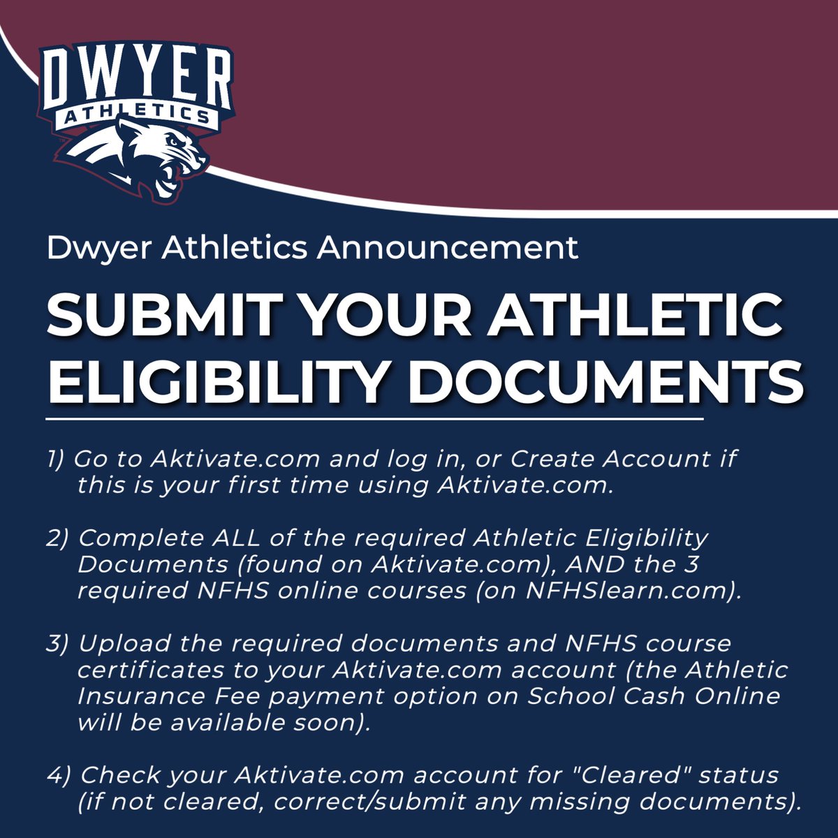Interested in playing a sport at Dwyer? Get a head start on being cleared for participation by uploading the required Athletic Eligibility docs to your Aktivate.com account now. Additional info & Aktivate help is available on our Athletics webpage (link in bio).