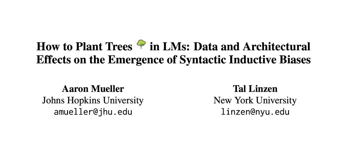 Scaling LMs works well. Is more parameters and data all it takes, or do certain architectural features or language styles bring out emergent abilities sooner? Let’s investigate by seeing what it takes for syntax 🌳 to emerge!

At ACL! w/ <a href="/tallinzen/">Tal Linzen</a>
📜 arxiv.org/abs/2305.19905