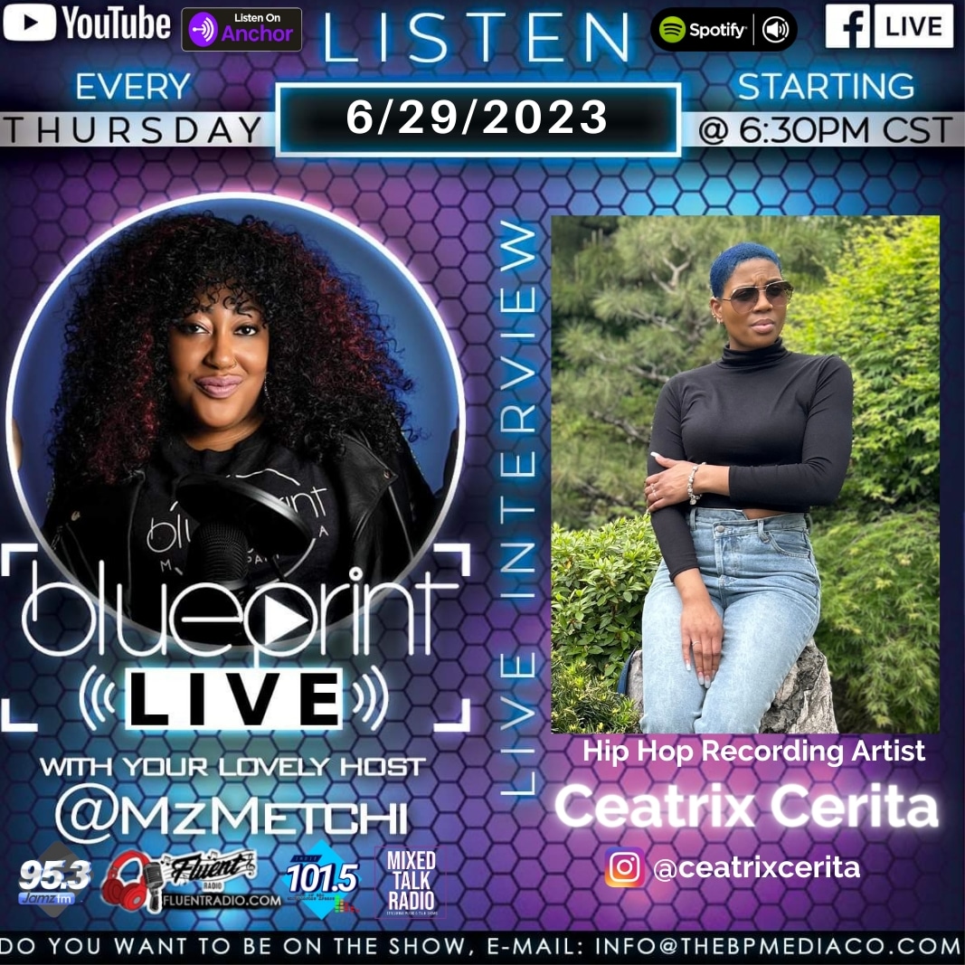 ⭐️ TOMORROW⭐️
Catch <a href="/thebpmediaco/">The Blueprint Media Company</a> presents #TheBlueprintLive at 6:30p CST/9:00p ET with <a href="/MzMetchi/">MzMetchi</a> and special guest <a href="/CeatrixCerita/">ceatrix cerita</a>
 
Listen with our radio partners:
<a href="/EntFluent/">FluentRadio</a>
<a href="/phillyjamz953fm/">Philly Jamz 95.3</a> 
indie1015.com 
mixedtalkmedia.org