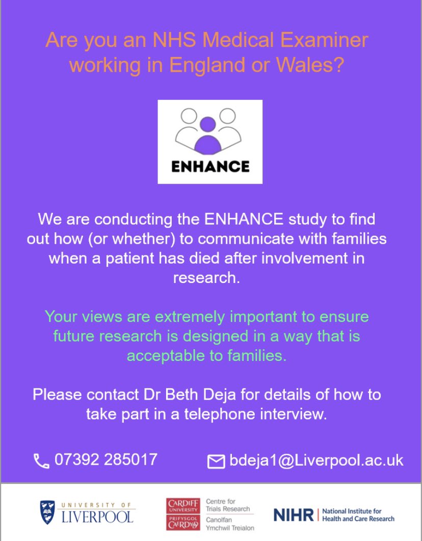 Can you help us with our @EnhancStudy? We are trying to reach “Medical Examiners, Medical Examiner Officers and research staff (doctors/nurses) working in NHS Trusts or Health Boards involved in recruitment to emergency & critical care trials.” Please share widely