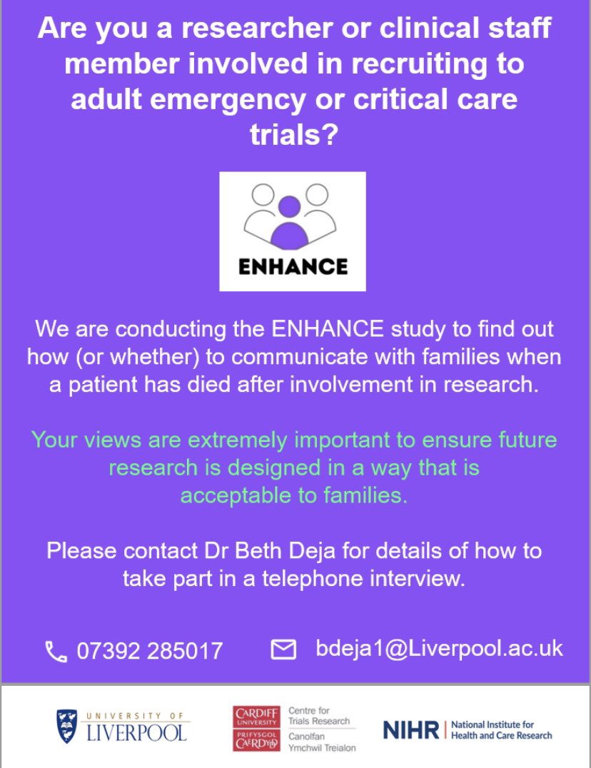 Dr_JoanneEuden's tweet image. Can you help us with our @EnhancStudy?

We are trying to reach “Medical Examiners, Medical Examiner Officers and research staff (doctors/nurses) working in NHS Trusts or Health Boards involved in recruitment to emergency &amp;amp; critical care trials.” 

Please share widely