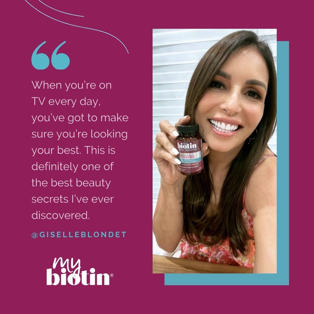 'When you’re on TV every day, you’ve got to make sure you’re looking your best. This is definitely one of the best beauty secrets I’ve ever discovered.' Thanks to @giselleblondet for inspiring us with your beautiful hair and for being a compensated #MyBiotin spokesperson.