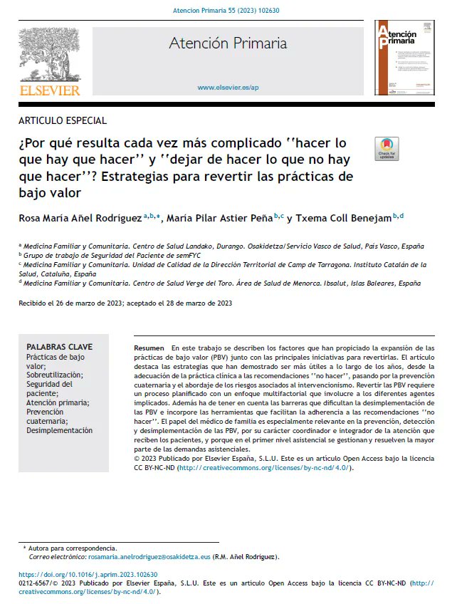 Nou article a #Docusalut: ¿Por qué resulta cada vez más complicado “hacer lo que hay que hacer” y “dejar de hacer lo que no hay que hacer”? Estrategias para revertir las prácticas de bajo valor buff.ly/3IMx8re <a href="/asmen_ibsalut/">Àrea de Salut de Menorca</a> <a href="/txemacoll/">🅣ˣᴱᴹᴬ🅒ᴼᴸᴸ</a> #PublicaSalutIB