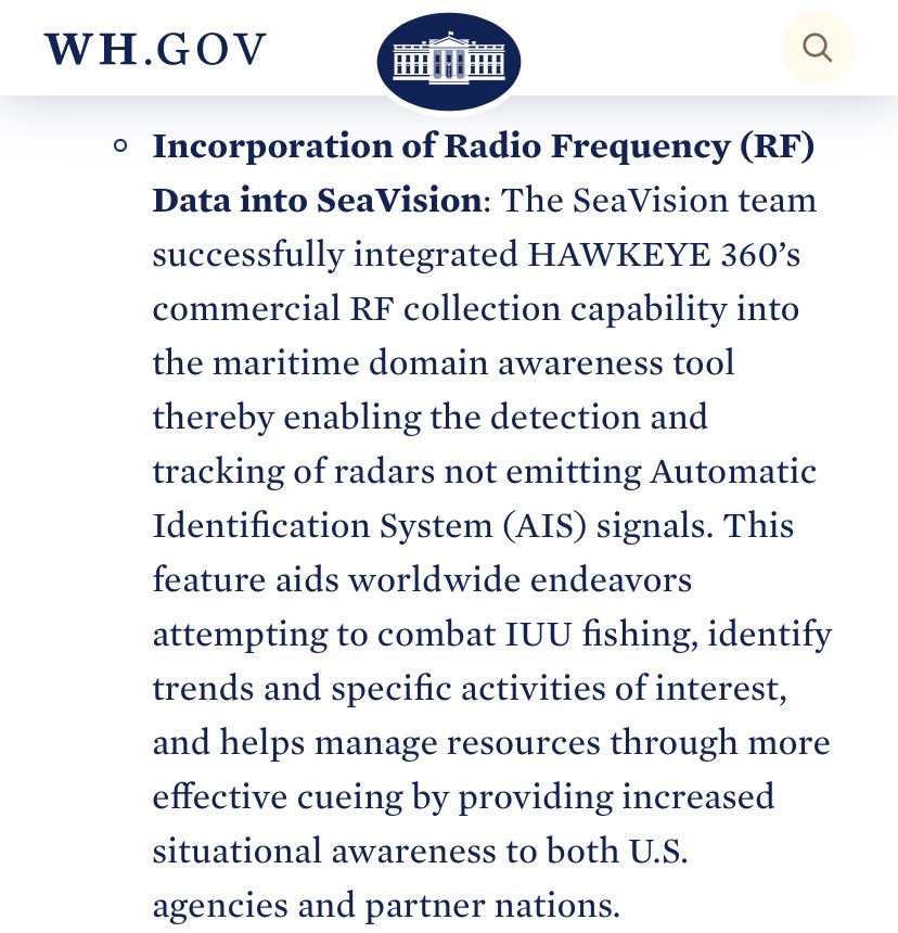 Guessing that you didn't see the White House's fact sheet on a year of efforts combatting illegal and unregulated fishing.

The ultra-connected military-tech startup Hawkeye 360 got a nice shoutout. 

Hawkeye's emeritus board member is the former White House cyber director.
