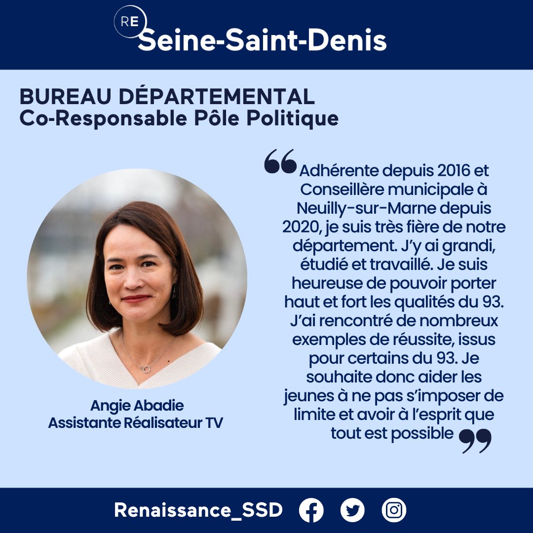 🗓️Chaque semaine, un membre de Renaissance #SeineSaintDenis 

🖇️Retrouvez la biographie d’Angie Abadie, Conseillère Municipale à #NeuillySurMarne et Co-Responsable du Pôle Politique au sein du Bureau Départemental de #Renaissance93.