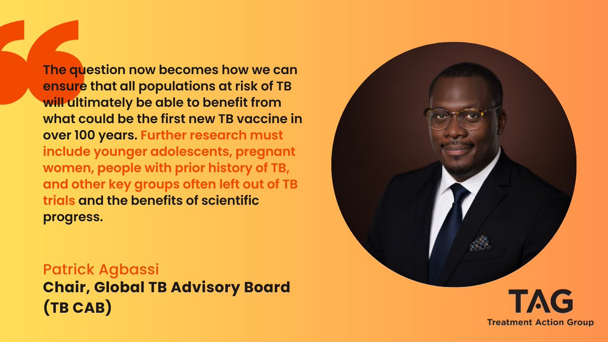 The Global TB CAB is thrilled @gatesfoundation + @wellcometrust will fund Phase 3 trials for M72/AS01E TB vaccine candidate. But Chair Patrick Agbassi urges the inclusion of often neglected groups at risk of TB in R&D process. More info: prnewswire.com/news-releases/…