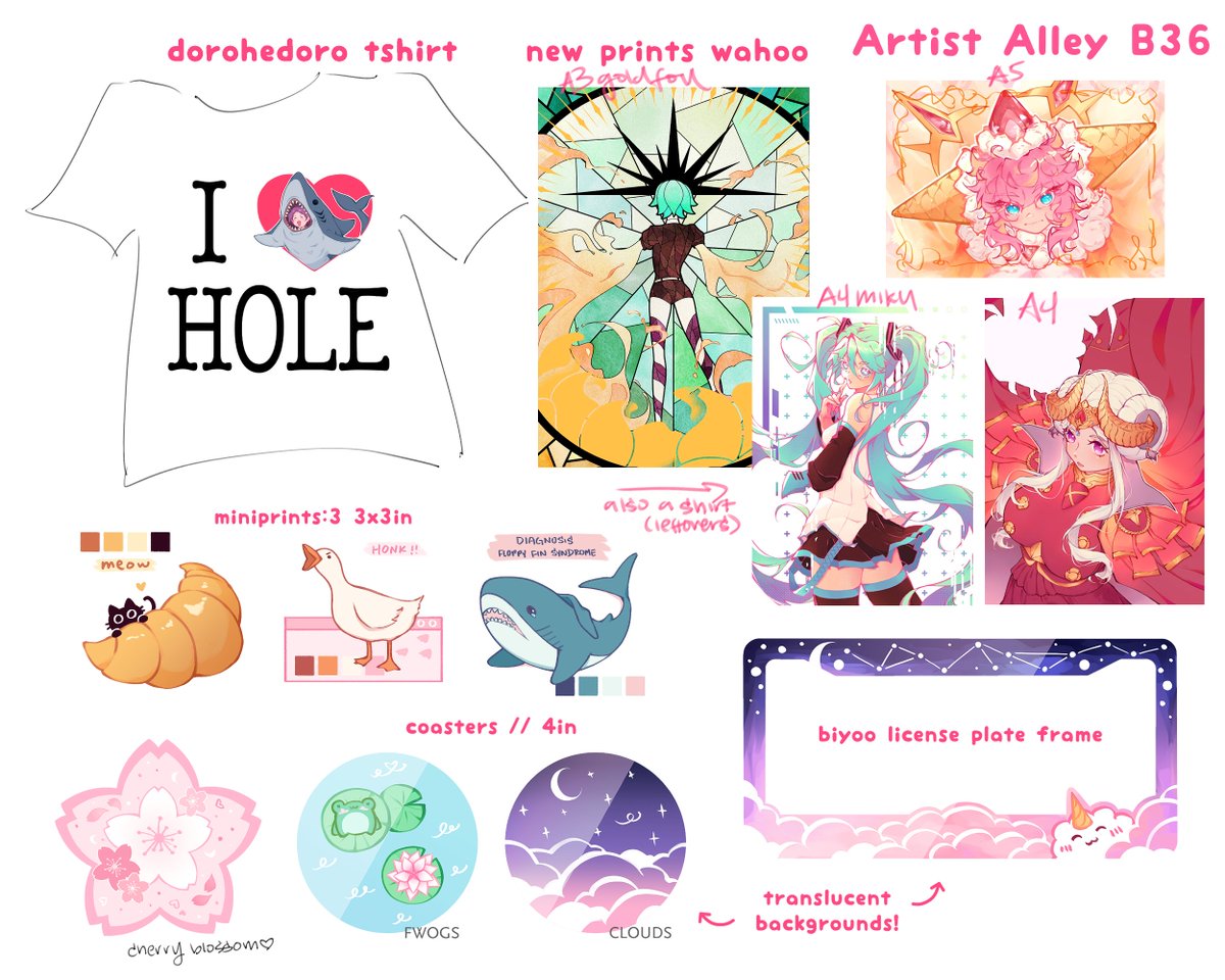 hai i didn't want to dig thru all my stuff so i'm just gonna list the new things i have as a shitty ax catalog😁 visit me at table b36 !! please buy my dorohedoro shirts i don't want to carry them home my parents will see  will link old catalog in thread too