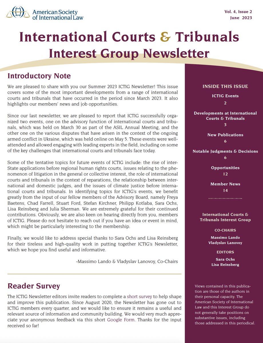 new <a href="/asilorg/">ASIL</a> Int'l Courts &amp; Tribunals newsletter out today

along with news &amp; opportunities, this issue has *photos* (thanks, <a href="/VLanovoy/">Vladyslav Lanovoy</a> &amp; Freya Baetens!), and case summaries from <a href="/OchsWrites/">Sara Ochs</a>, @MF_Lando and others

asil.org/sites/default/…