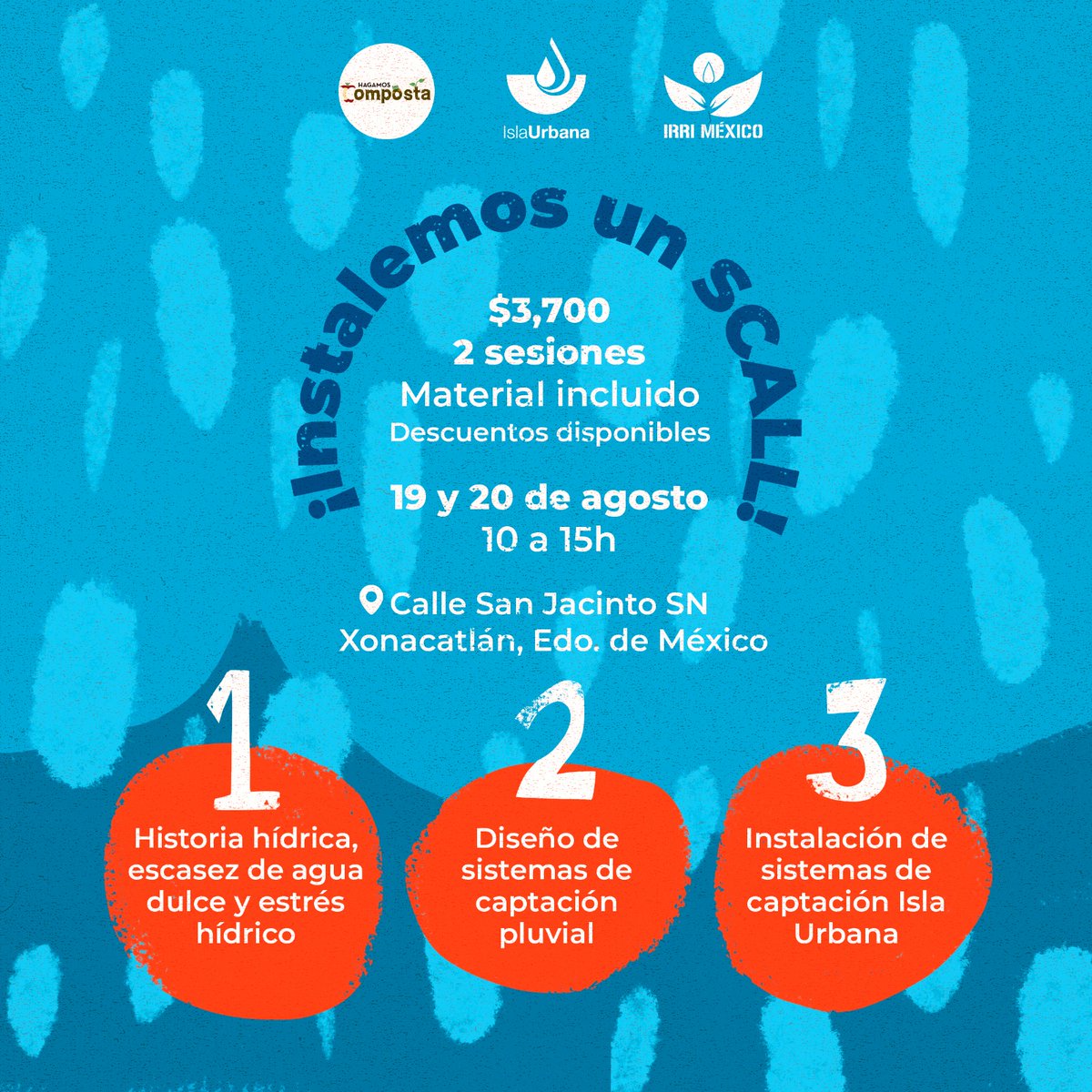 IRRI México (@irri_mexico) on Twitter photo El CURSO TEÓRICO – TÉCNICO – PRÁCTICO DE CAPTACIÓN PLUVIAL
Es un curso práctico en donde proporcionamos el material para la instalación de un SCALL que será instalado en la organización Hagamos Composta
Fechas: 19 Y 20 de agosto
cursos@irrimexico.org El CURSO TEÓRICO – TÉCNICO – PRÁCTICO DE CAPTACIÓN PLUVIAL
Es un curso práctico en donde proporcionamos el material para la instalación de un SCALL que será instalado en la organización Hagamos Composta
Fechas: 19 Y 20 de agosto
cursos@irrimexico.org