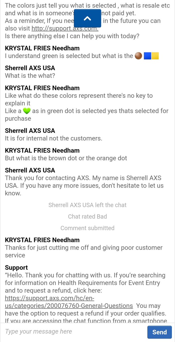 Chubberina87's tweet photo. Wow @axs  this customer service is just lacking so much. What even was this conversation and to just leave? Without making sure I was good? Why even show the colors to select seats for the ryman? https://t.co/EqxUhyJf7D