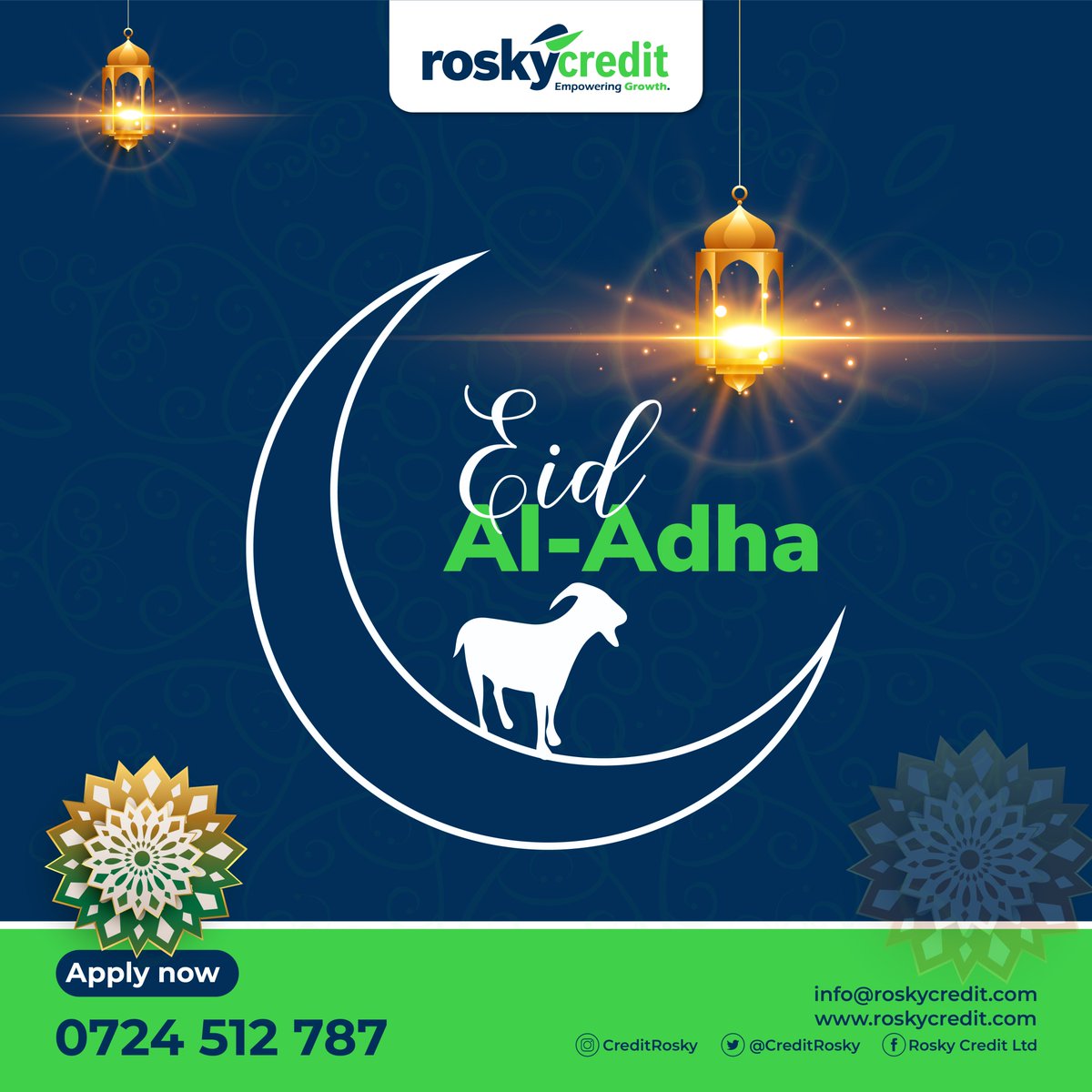 CreditRosky's tweet photo. We wish all our muslim brothers and sisters a Happy Eid-Al-Adha filled with joy, happiness and prosperity.
Call now: 0724 512 787
#EidAlAdha
#AffordableLoans
#RoskyCreditLimited https://t.co/jcmSpdHrFN
